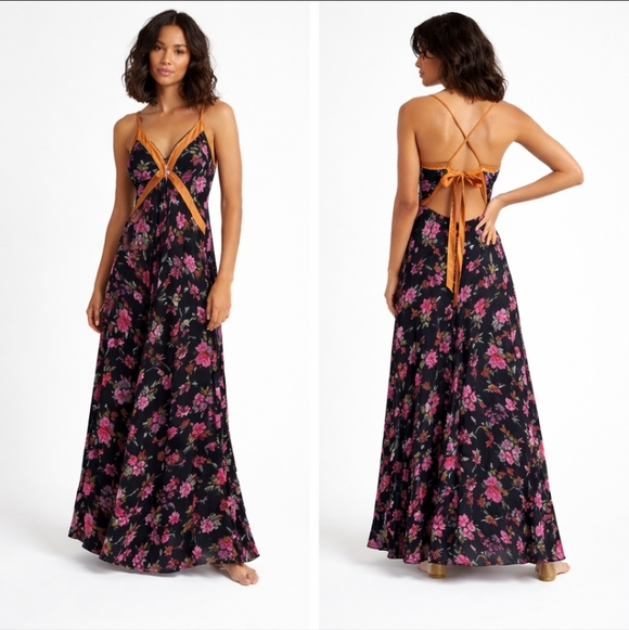 Free People Floral Maxi Dress - Black and Pink - Picture 1 of 9